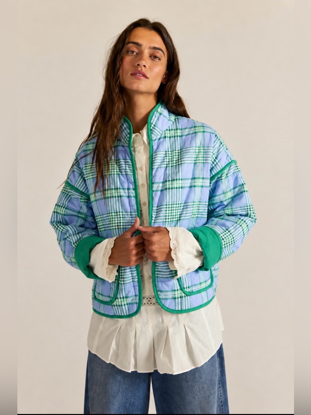Free People Chloe Plaid Gingham Jacket Quilted Green Blue XL